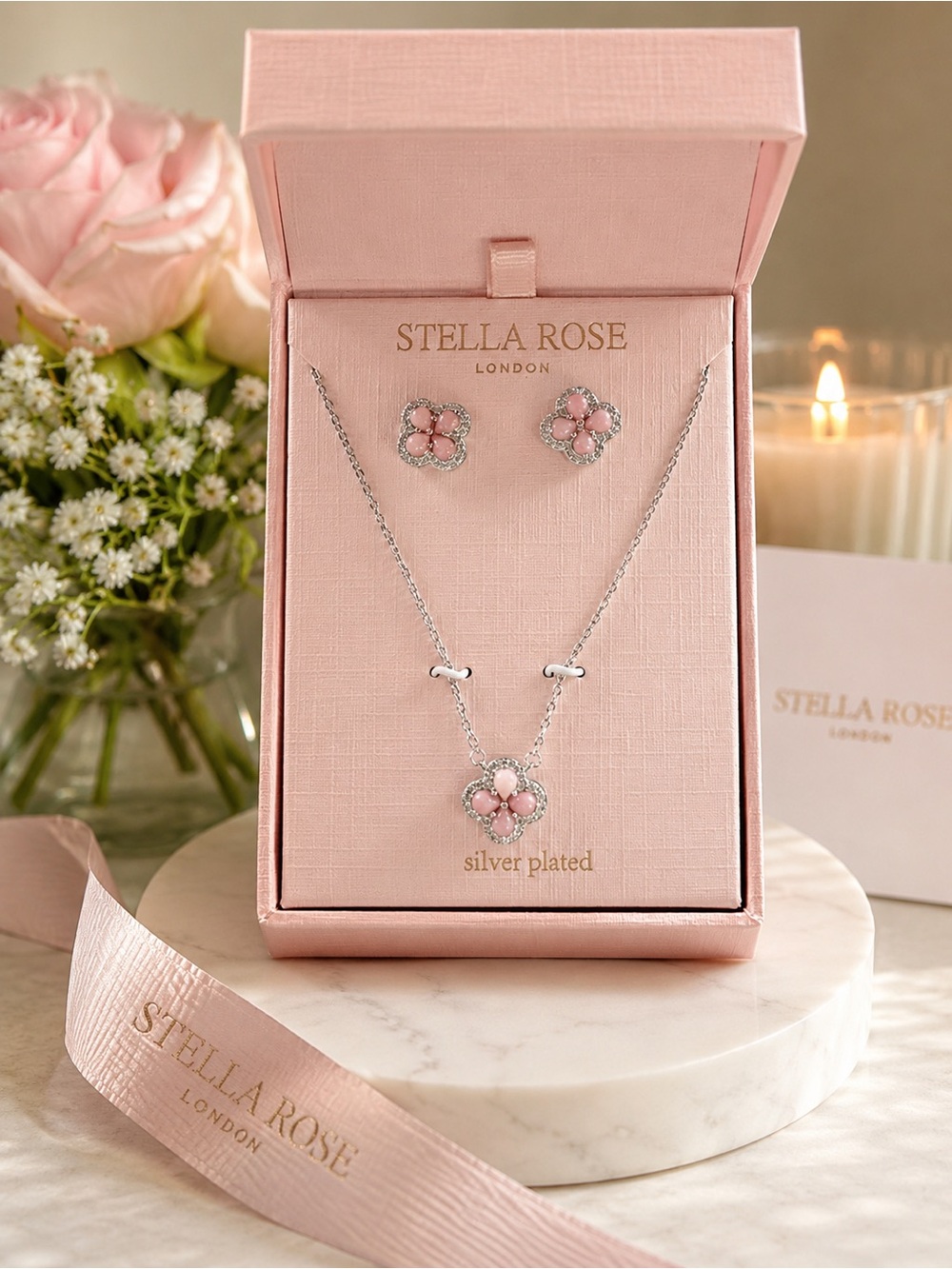 Pink Flower Silver-Plated Necklace & Earrings Set